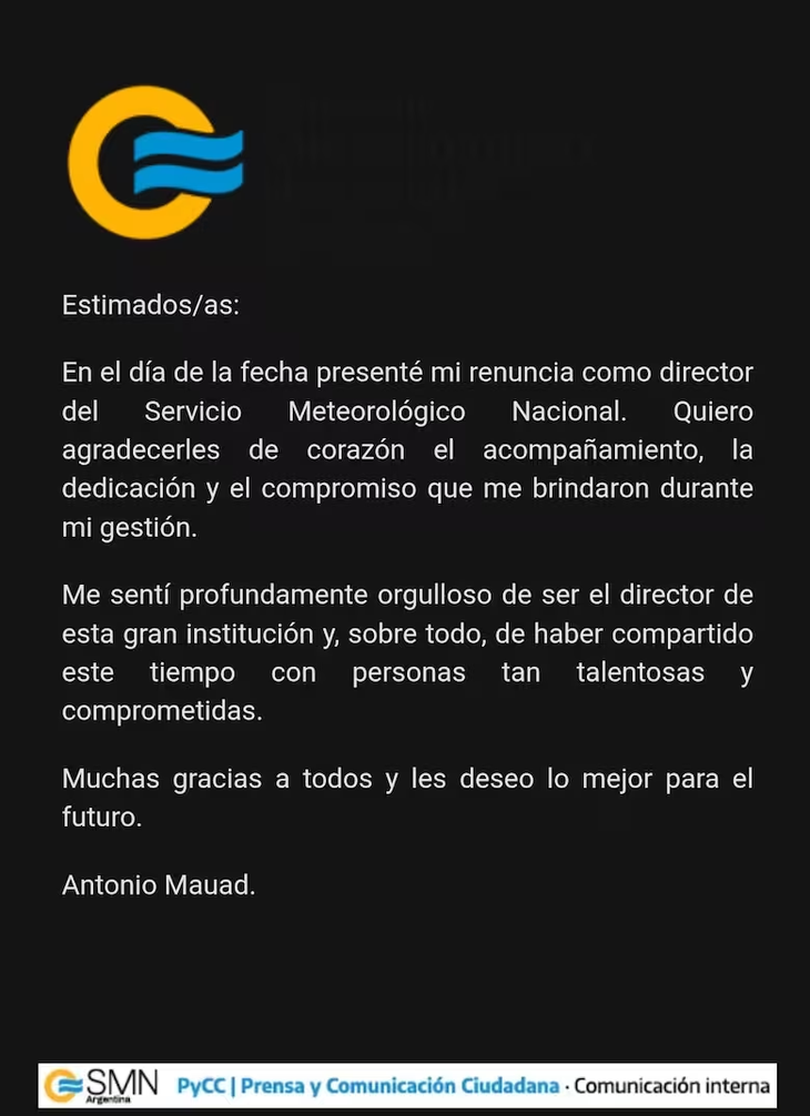 La carta de despedida de Mauad.