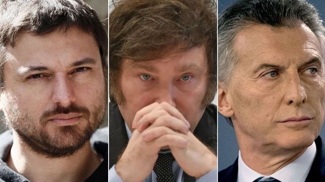 El dirigente social, Juan Grabois; el candidato presidencial, Javier Milei y el expresidente Mauricio Macri.&nbsp;