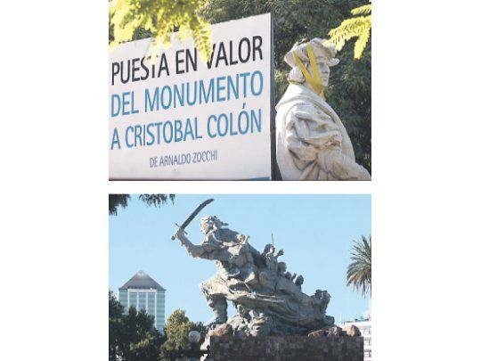 El almirante espera desperdigado, junto al resto de sus piezas escultóricas en el Espigón Puerto Argentino en la Costanera Norte. Juana Azurduy mira la Casa de Gobierno.