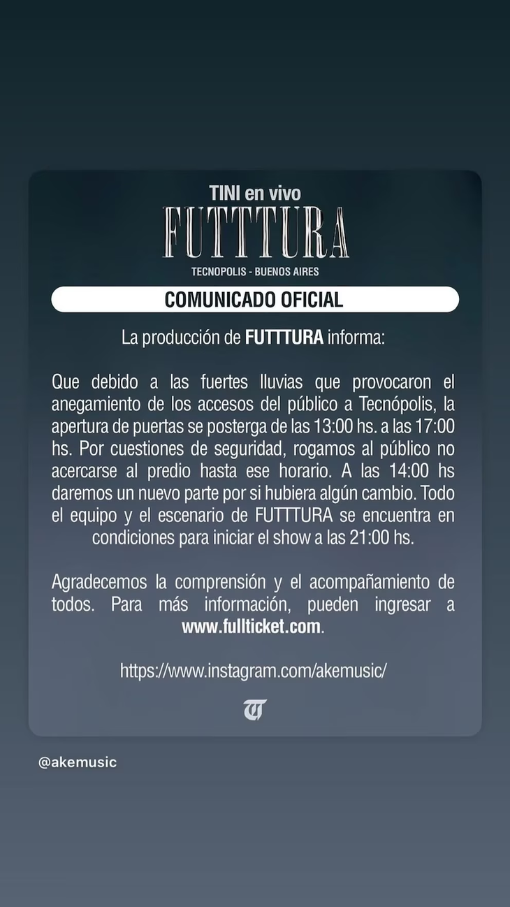 El comunicado oficial sobre el cronograma del show de Tini en Tecnópolis. El comunicado oficial sobre el cronograma del show de Tini en Tecnópolis.