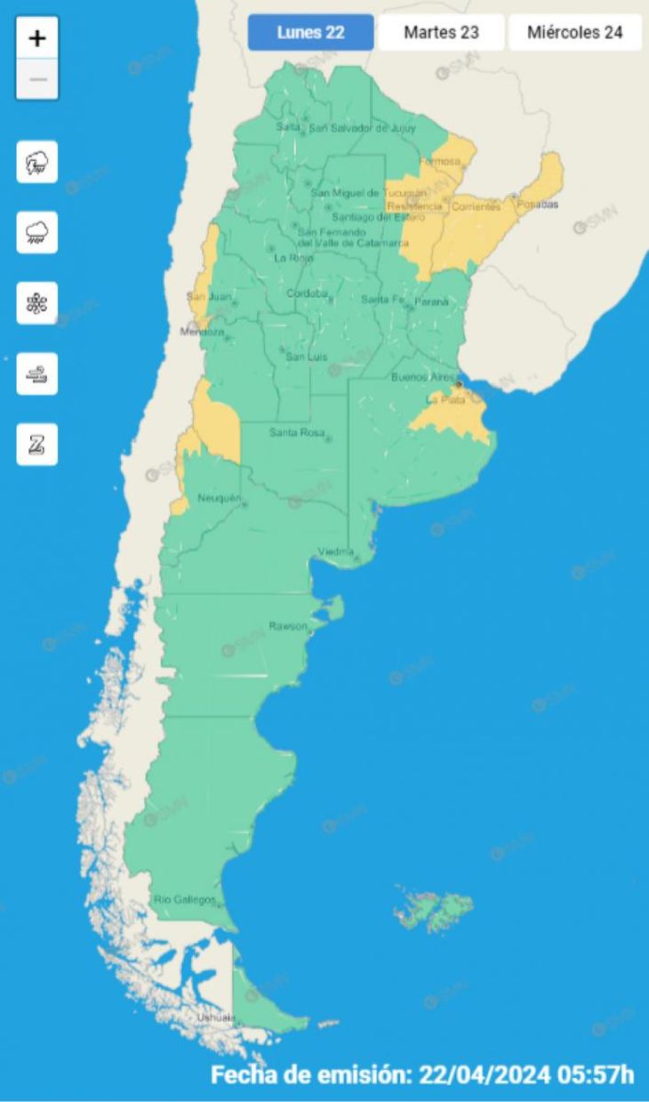 Mapa de alerta amarilla del clima para este lunes 22 de abril. Mapa de alerta amarilla del clima para este lunes 22 de abril.