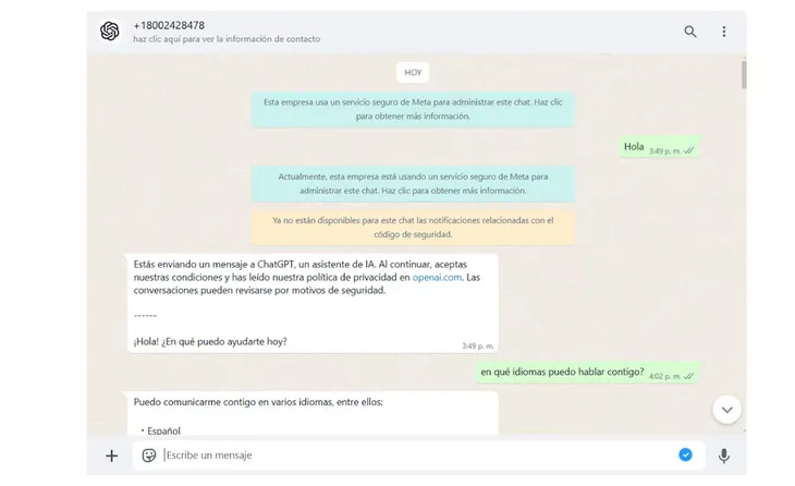 Así se ve la conversación con ChatGPT a través de WhatsApp.