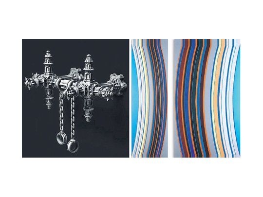 A la izq. una de las obras de la muestra “RMX” que Norberto Gómez exhibe en Untitled Art House, y arriba, una de “Geometría  extendida” de Alejandra Barreda, en Galería Ro.