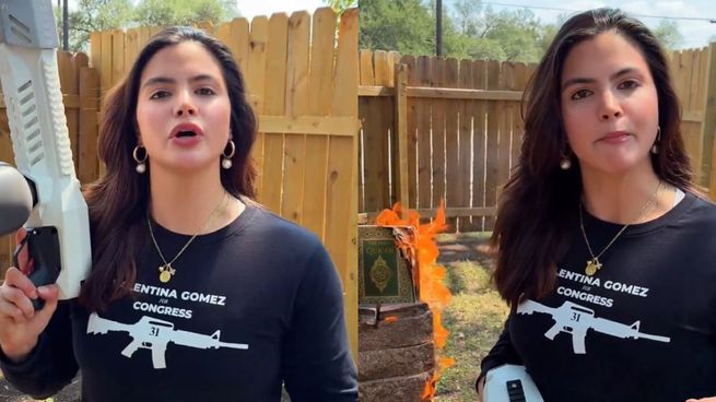 Valentina Gomez Noriega quema un Corán con un lanzallamas en un video publicado en X.