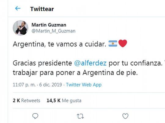 El mensaje del pr&oacute;ximo ministro de Econom&iacute;a, Mart&iacute;n Guzm&aacute;n.