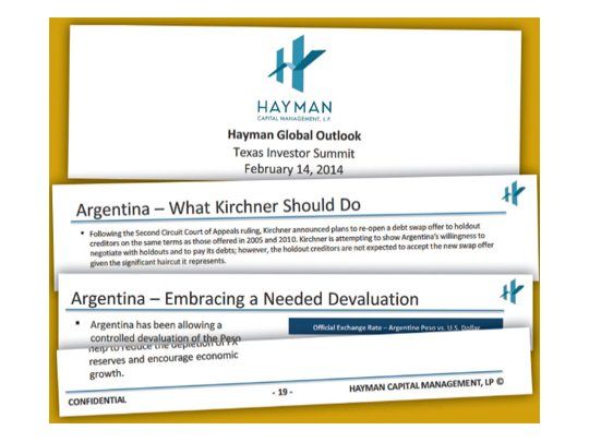 En un documento privado para sus clientes de febrero pasado, el fondo Hayman, del financista Kyle Bass, recomendaba al Gobierno negociar con buitres y  devaluar más rápido. El lunes demandó al BONY.