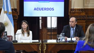 La presidenta de la comisión de Acuerdos del Senado, Guadalupe Tagliaferri (PRO), junto a Wenceslao Bunge Saravia.
