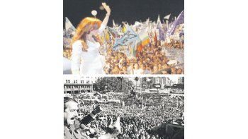 Arriba el acto de la presidente Cristina de Kirchner en 2007 ante una multitud en el Mercado Central. Abajo, Raúl Alfonsín en 1983, en plena 9 de Julio con una multitud histórica.