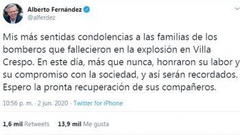 Condolencias: Alberto Fernández se expresó por la muerte de los dos bomberos en Villa Crespo.