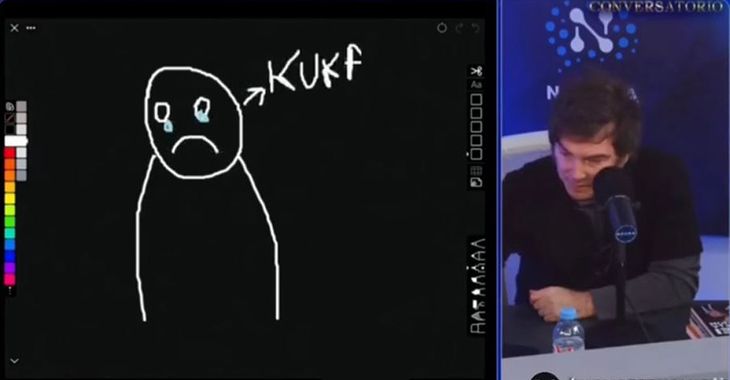 “Los Kukas lloran”. Javier Milei jugando con su nueva tableta digitalizadora, 1 de agosto 2025 con A.Fantino