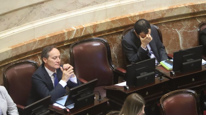 Camau Espínola al lado del asiento vacío de Edgardo Kueider, en el Senado.