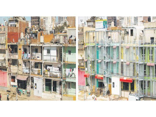 Antes y después.  Los cambios se evidencian en la fachada con balcones, terrazas y escaleras más seguras para los habitantes.
