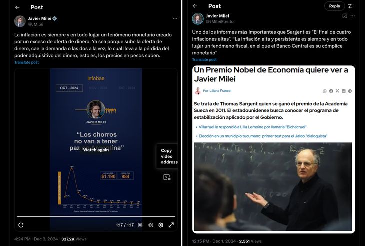 Cuando se confirmó que Thomas Sargent, Premio Nobel de economía 2011 venía a la Argentina una serie de eventos en la U.Di Tella y había aceptado el convite del presidente, Milei publicó un tweet, buscando homenajearlo, lo que solo evidenció las diferencias y falencias oficiales. Cuando se confirmó que Thomas Sargent, Premio Nobel de economía 2011 venía a la Argentina una serie de eventos en la U.Di Tella y había aceptado el convite del presidente, Milei publicó un tweet, buscando homenajearlo, lo que solo evidenció las diferencias y falencias oficiales.