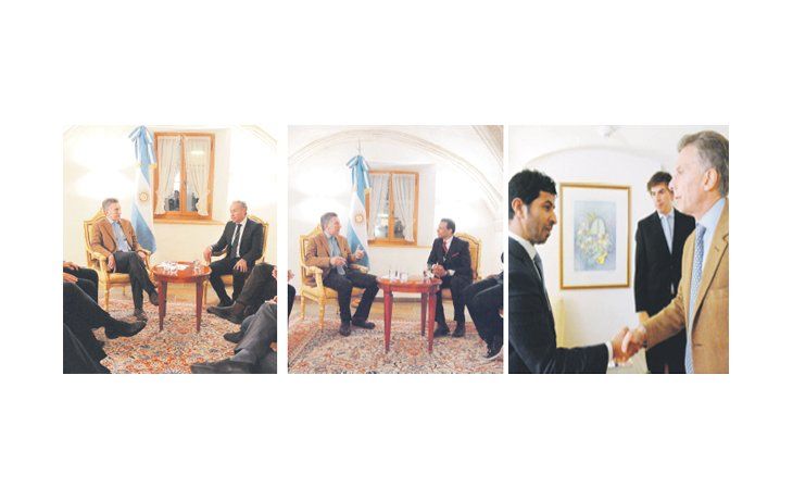 Tres de los encuentros que mantuvo Mauricio Macri ayer en su primer día de actividad en Davos: con Marcelo Mindlin (CEO de Pampa Energía); Sunny Varkey (GEMS Education) y Hamad Al Dhaheri (Abu Dhabi Investment Authority).