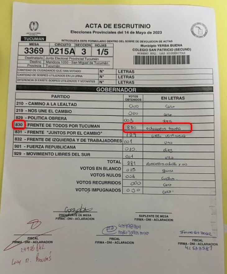 Captura de pantalla del acta de escrutinio viralizada, hecha el 13 de junio de 2023. Captura de pantalla del acta de escrutinio viralizada, hecha el 13 de junio de 2023.