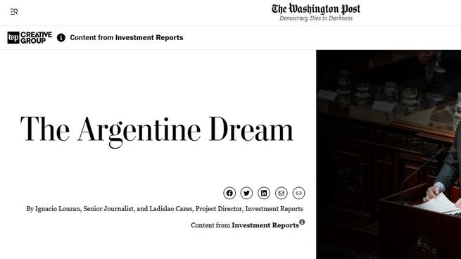 Con el título El sueño argentino, el artículo fue acompañado por una imagen del mandatario durante la presentación del Presupuesto 2025 en el Congreso.