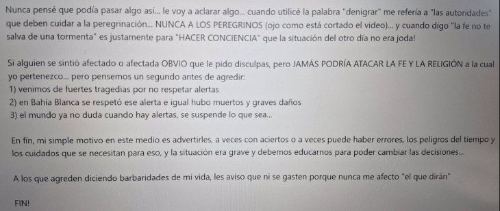 The message that Bertolotti uploaded to his social networks to explain his statements.