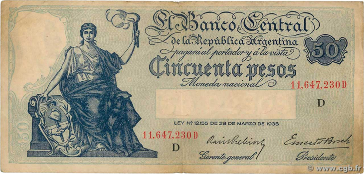 50 Argentine peso bill from 1936 that could be worth up to 150 dollars. 50 Argentine peso bill from 1936 that could be worth up to 150 dollars.