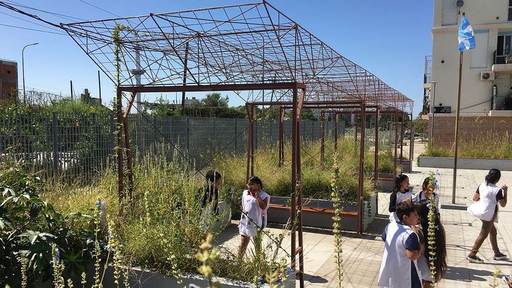 Los alumnos de la escuela del Barrio 20 recorrieron las instalaciones de los nuevos espacios para sombras naturales.