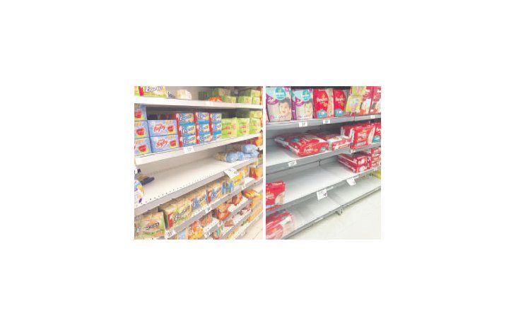 En la cadena de Carrefour se podían ver espacios vacíos en la sucursal de Barracas. La escena se repetía en su competidor Coto de San Telmo .