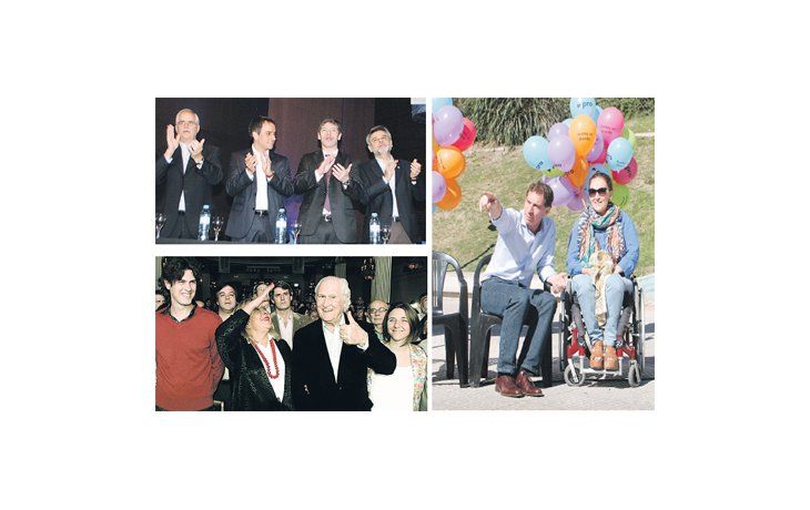 Fin de campaña. Jorge Taiana, Juan Cabandié, Juan Manuel Abal Medina y Daniel Filmus  en el acto K. Martín Lousteau, Elisa Carrió, Pino Solanas y Fernanda Reyes en el Palacio  San Miguel. Diego Santilli y Gabriela Michetti en suelta de globos.