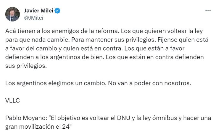 El tweet de Javier Milei. El tweet de Javier Milei.