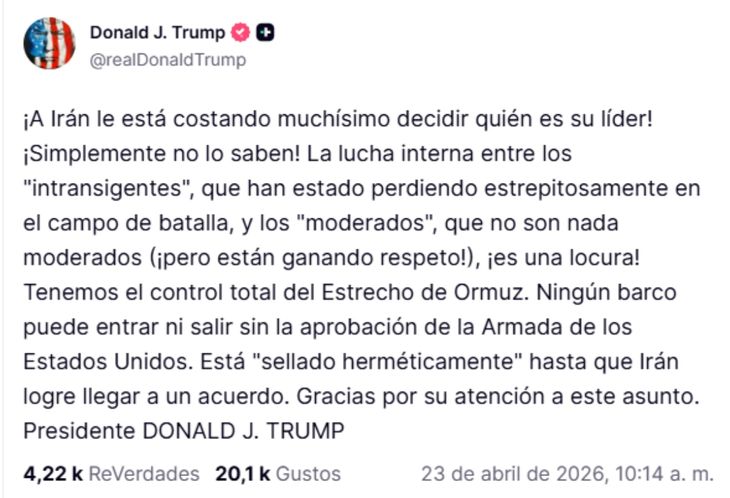 Donald Trump aseguró que Estados Unidos tiene “control total” sobre el estrecho de Ormuz.