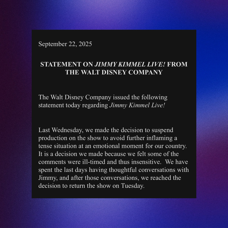 Disney's statement on the return of the Jimmy Kimmel program 