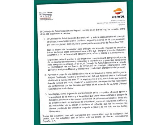 Texto del comunicado que elaboró Repsol al cabo de la reunión de directorio. Allí, además de  informarse sobre la aceptación del principio de acuerdo con YPF, se deja sentada la posición de la mexicana Pemex, en contra de la conducción de Antoni Brufau.
