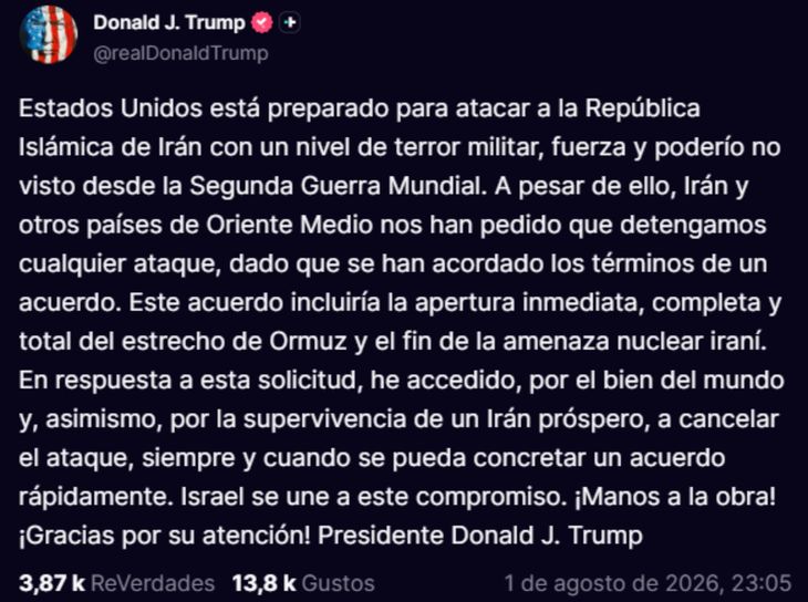 Trump asegura que existe un principio de acuerdo para reabrir el estrecho de Ormuz y avanzar sobre el programa nuclear iraní. Trump asegura que existe un principio de acuerdo para reabrir el estrecho de Ormuz y avanzar sobre el programa nuclear iraní.