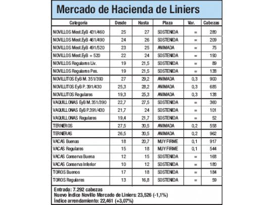 Índice Novillo cayó un 1,1% en Liniers