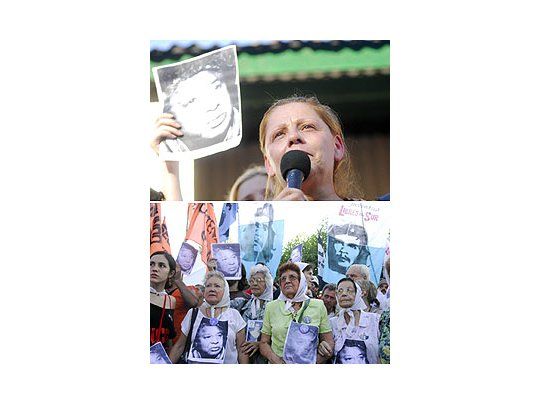 La esposa de Luis Gerez, ayer en Escobar (arriba) y las Madres de Plaza de Mayo pidiendo por la aparición con vida (abajo).
