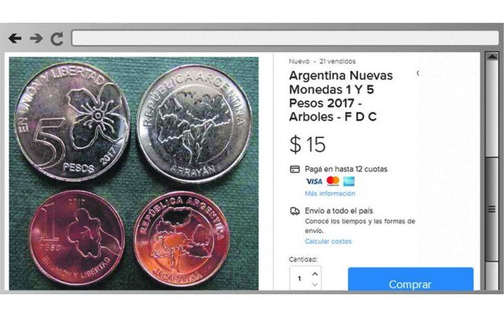 Insólito. En MercadoLibre se ofertan dos monedas a $15. Pertenecen a la serie 2017. Ya se realizaron varias transacciones.