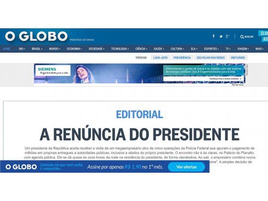 La portada web de O GLobo, pidiendo la renuncia de Temer.