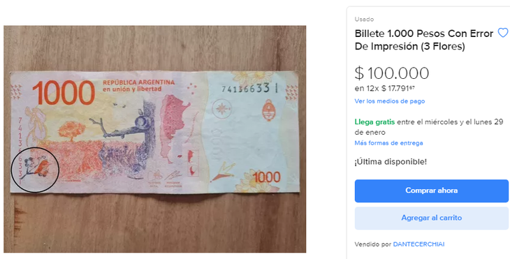 El billete se vende en Mercado Libre. El billete se vende en Mercado Libre.