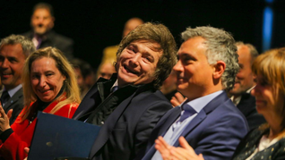 Karina Milei, Javier Milei, Sebastián Pareja y Patricia Bullrich durante el Congreso de La Libertad Avanza en Provincia de Buenos Aires. 