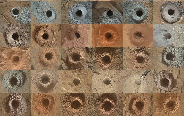 Los 36 agujeros perforados por el rover Curiosity Mars de la NASA.&nbsp;