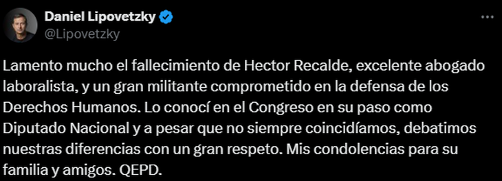 El mensaje de Daniel Lipovetzky por la muerte de Héctor Recalde. El mensaje de Daniel Lipovetzky por la muerte de Héctor Recalde.