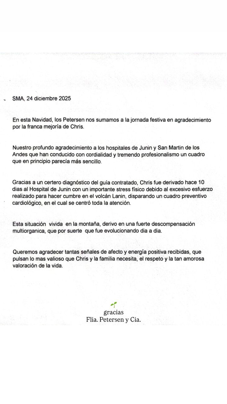 Christian Petersen permanece internado en terapia intensiva en el Hospital Ramón Carrillo de San Martín de los Andes, con una evolución favorable.