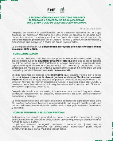 El comunicado de la FMF oficializando la salida de Jaime Lozano como técnico del Seleccionado Mexicano y agradeciendo sus servicios.