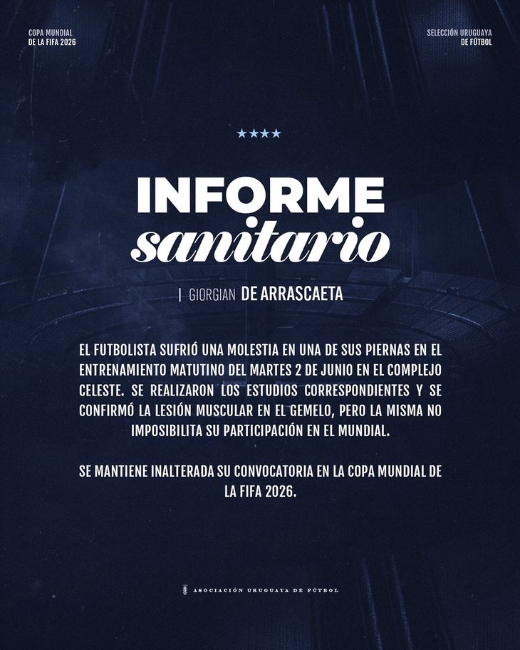 El comunicado de la Asociación Uruguaya de Fútbol sobre la lesión y convocatoria al Mundial de Giorgian De Arrascaeta. El comunicado de la Asociación Uruguaya de Fútbol sobre la lesión y convocatoria al Mundial de Giorgian De Arrascaeta.