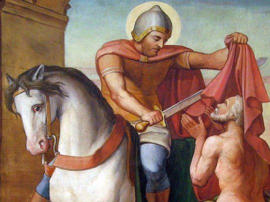 San Martín de Tours, un obispo católico nacido en Hungría, militar convertido en defensor de la fe, se convirtió en célebre por haber partido su capa para aliviar el frio de un mendigo.