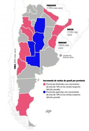 En color rosa las provincias con fronteras internacionales que registraron crecimiento de la venta de gasoil por arriba de 19% en los primeros cuatro meses del 2022. En Azul, las provincias agropecuarias que también tuvieron ventas por encima del 19%. 