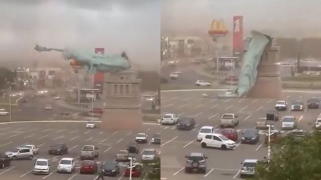 La réplica de la Estatua de la Libertad se desplomó tras un fuerte temporal en Guaíba, Brasil.