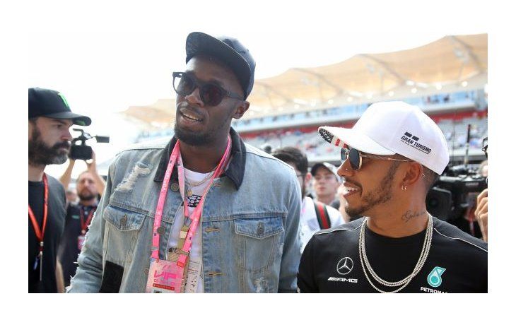 Usain Bolt estuvo en los boxes de Mercedes, junto a Lewis Hamilton.