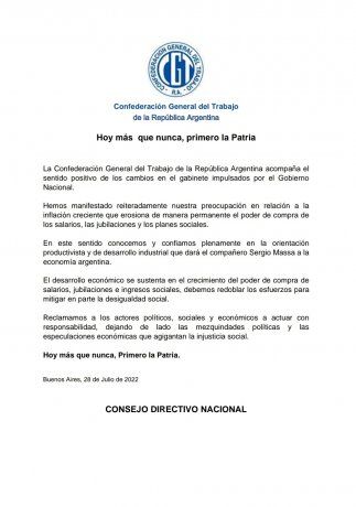 El comunicado de la CGT en apoyo al nombramiento de Sergio Massa al frente de Economía.
