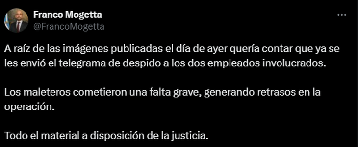 El tuit de Franco Mogetta sobre los maleteros despedidos por Intercargo. El tuit de Franco Mogetta sobre los maleteros despedidos por Intercargo.