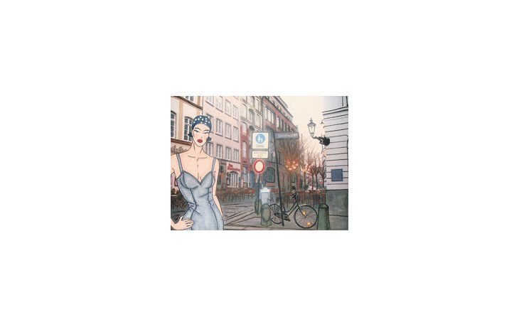 A partir de fotos de Amsterdam y otras ciudades, Maby Rod Micheli monta atractivos escenarios urbanos donde planta unos enigmáticos figurines, algunos de ellos decididamente retro.