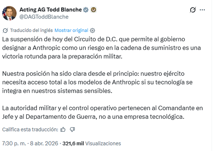 El gobierno de Trump celebró la decisión del tribunal en el caso contra Anthropic. El gobierno de Trump celebró la decisión del tribunal en el caso contra Anthropic.