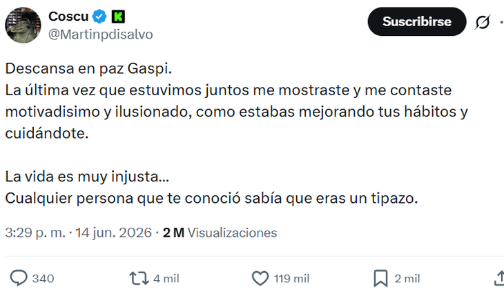 El mensaje de Coscu en las redes sociales El mensaje de Coscu en las redes sociales